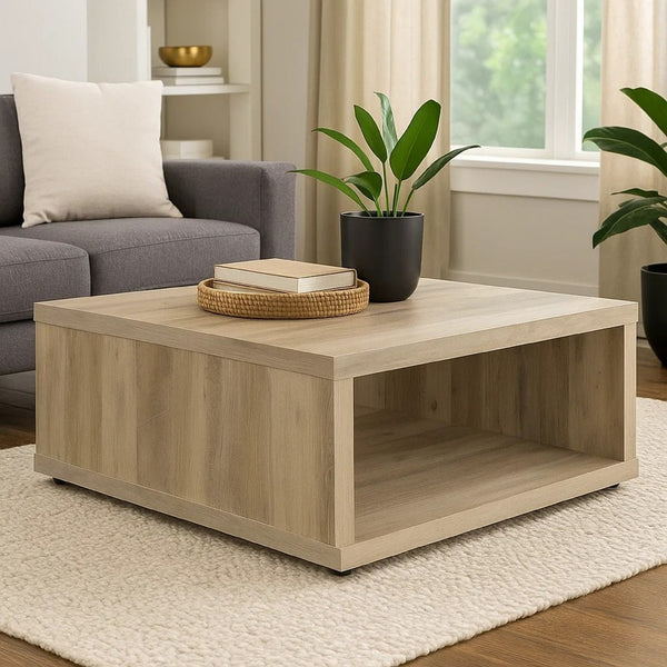 Rizz Coffee Table, Square Cube Design Open Shelf, 36 Inch Light Brown -BM329077