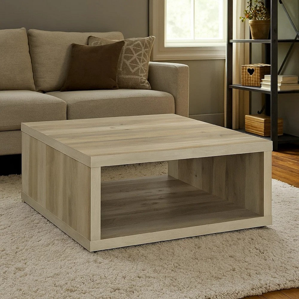 Rizz Coffee Table, Square Cube Design Open Shelf, 36 Inch Light Brown -BM329077