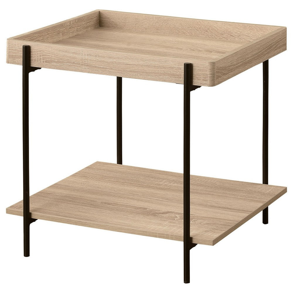 Allen Side End Table, Tray Top, Shelf 23 Inch Brown Wood, Black Metal -BM329078