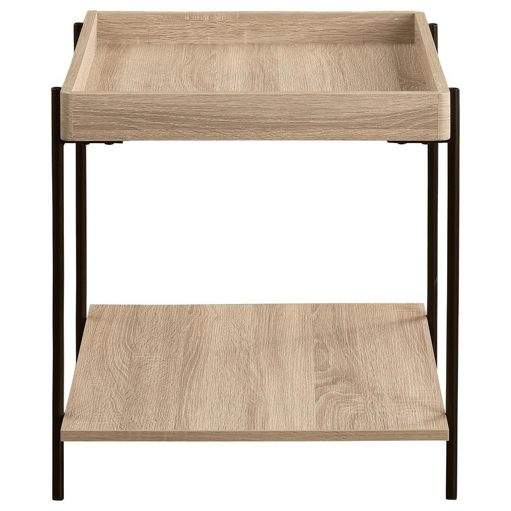 Allen Side End Table, Tray Top, Shelf 23 Inch Brown Wood, Black Metal -BM329078