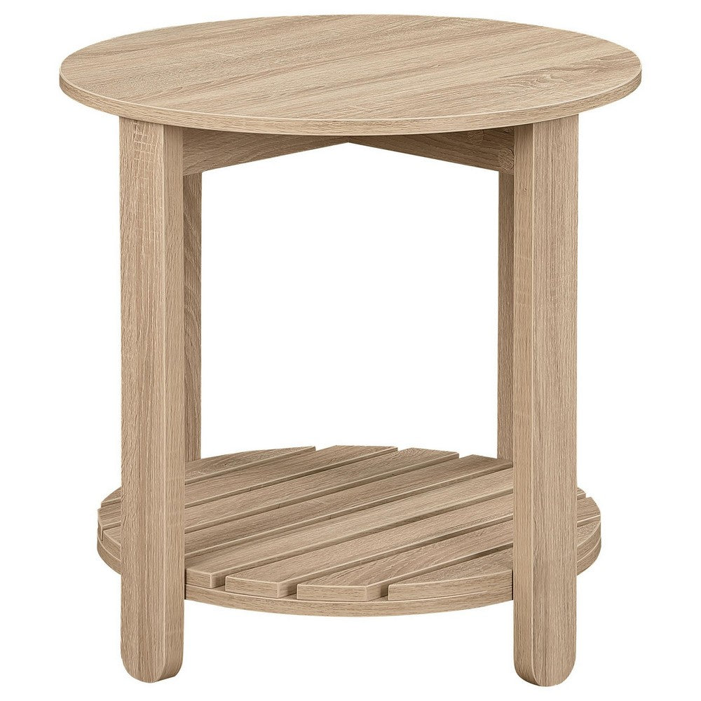 Fowl Round Side End Table, Slatted Lower Shelf, 22 Inch Natural Brown -BM329080