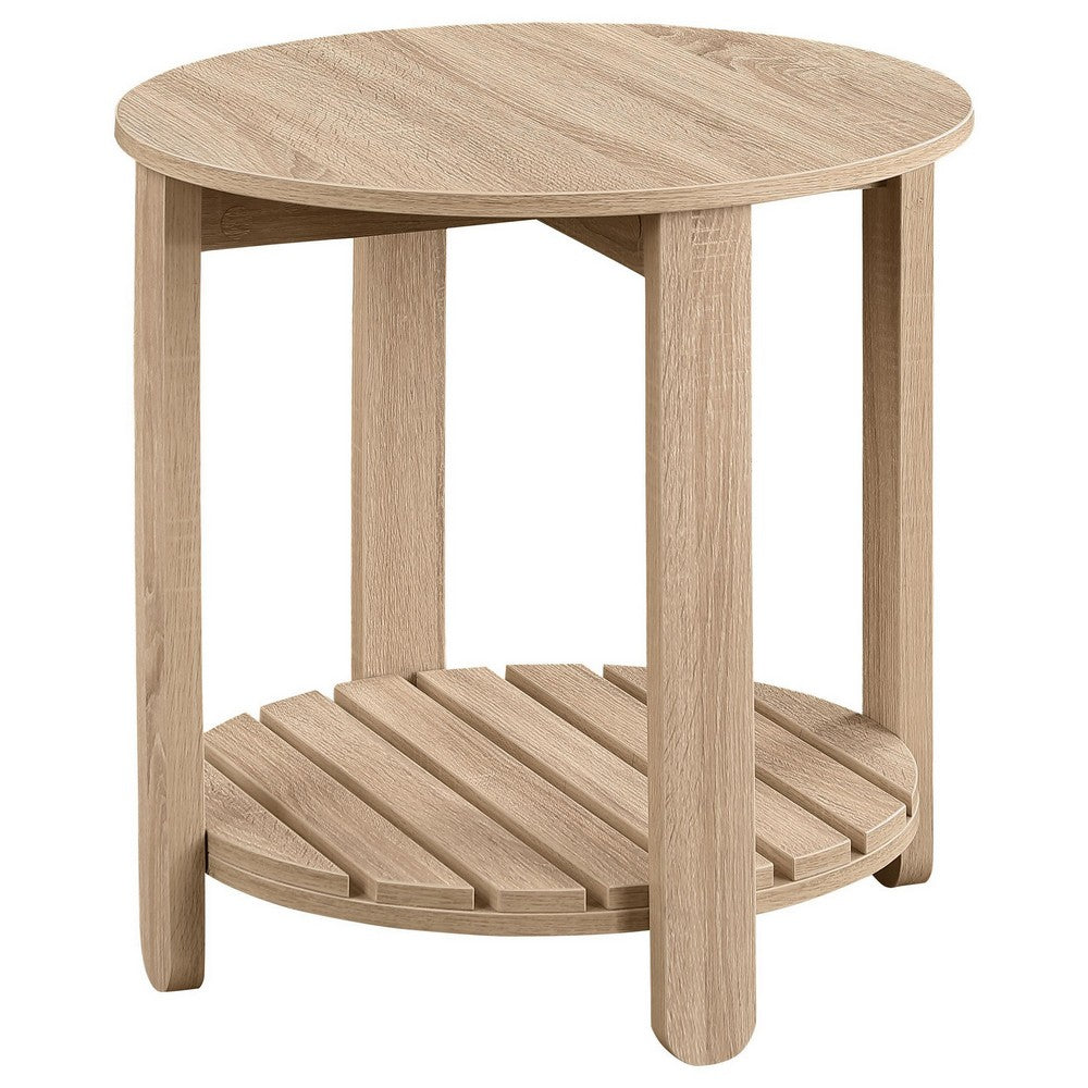 Fowl Round Side End Table, Slatted Lower Shelf, 22 Inch Natural Brown -BM329080