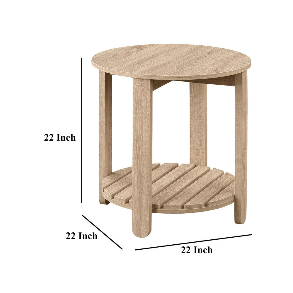Fowl Round Side End Table, Slatted Lower Shelf, 22 Inch Natural Brown -BM329080