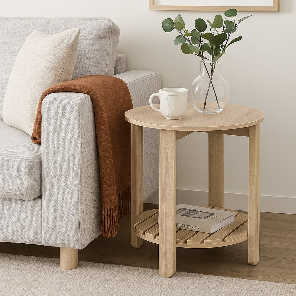 Fowl Round Side End Table, Slatted Lower Shelf, 22 Inch Natural Brown -BM329080