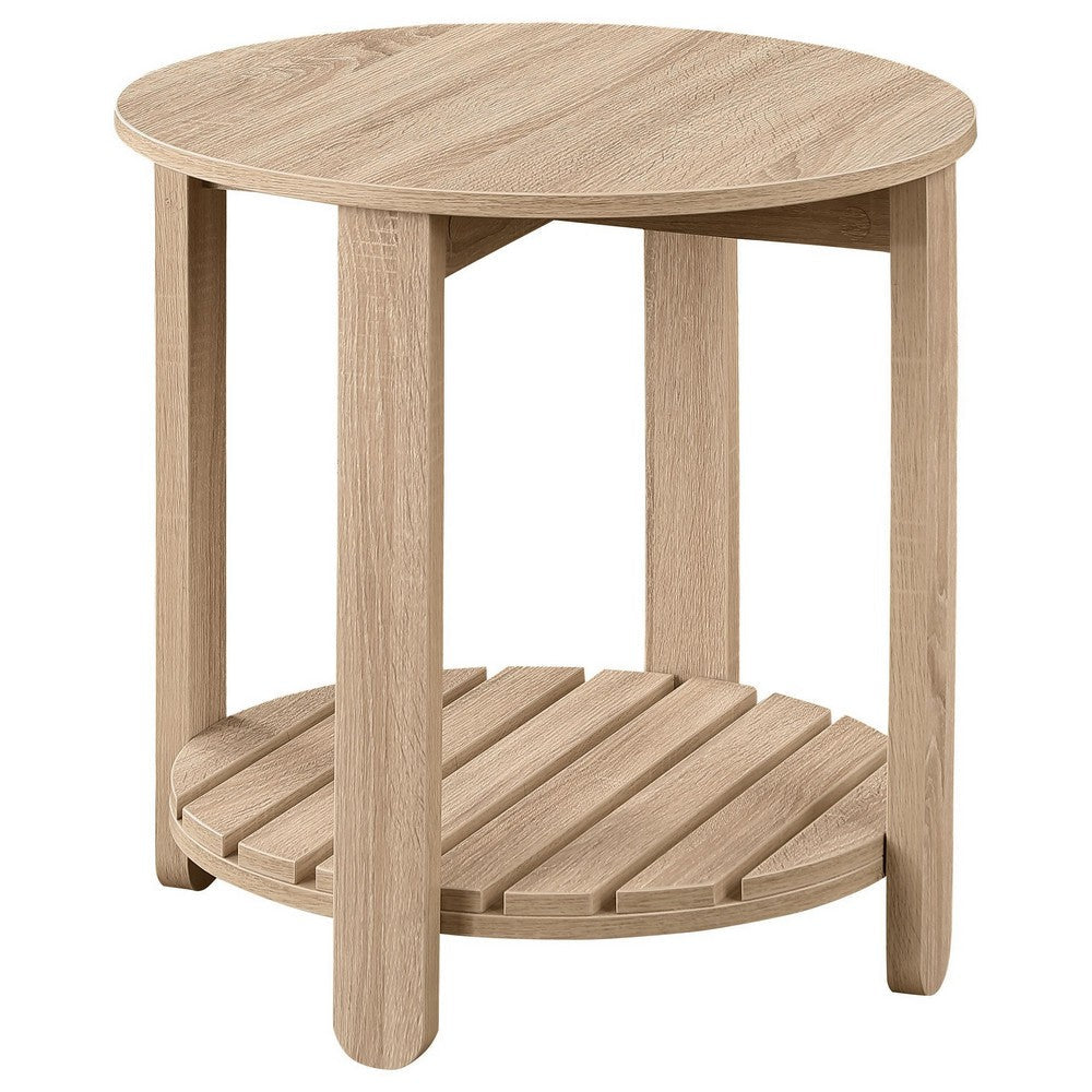 Fowl Round Side End Table, Slatted Lower Shelf, 22 Inch Natural Brown -BM329080