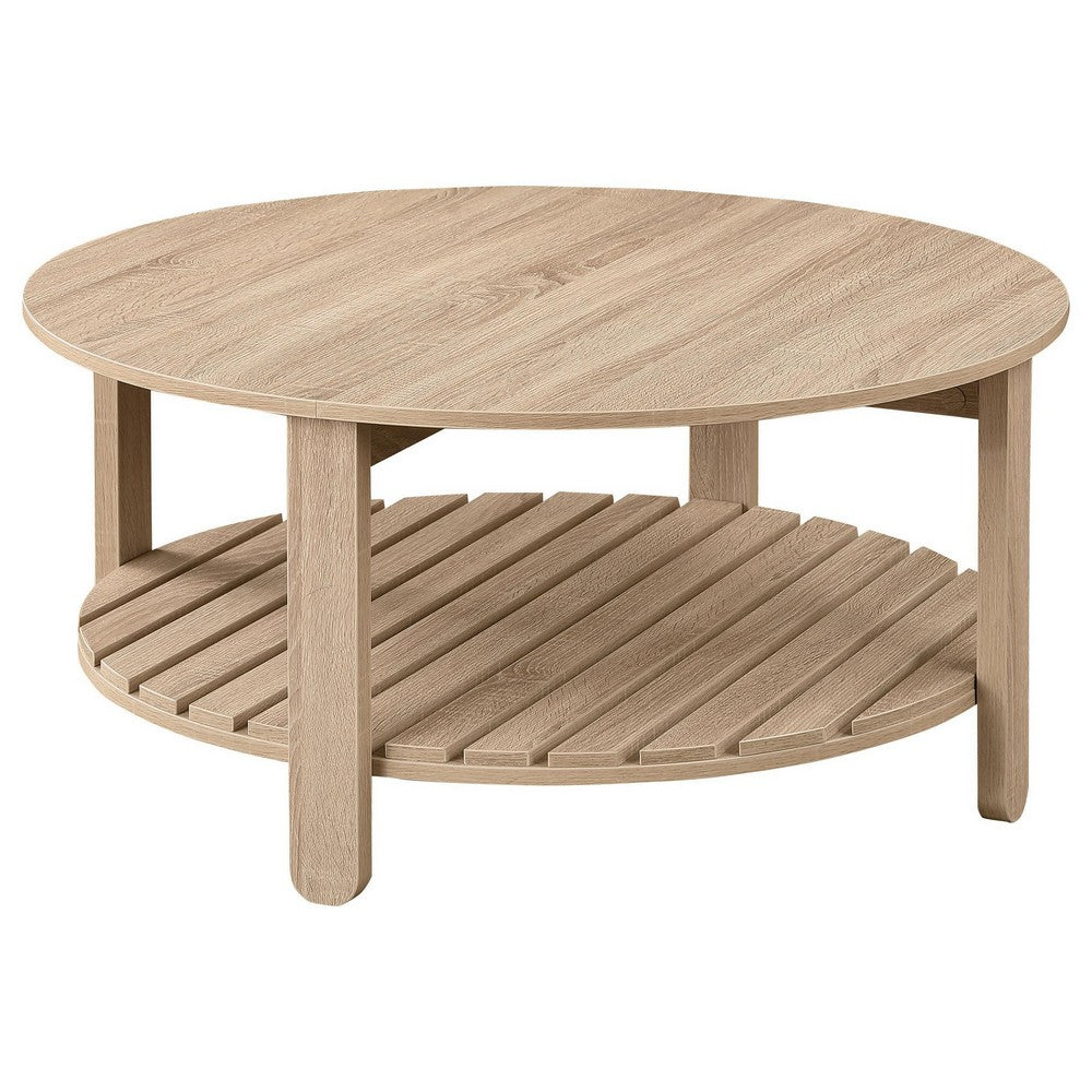 Fowl Round Coffee Table, Slatted Lower Shelf, 36 Inch Natural Brown -BM329081