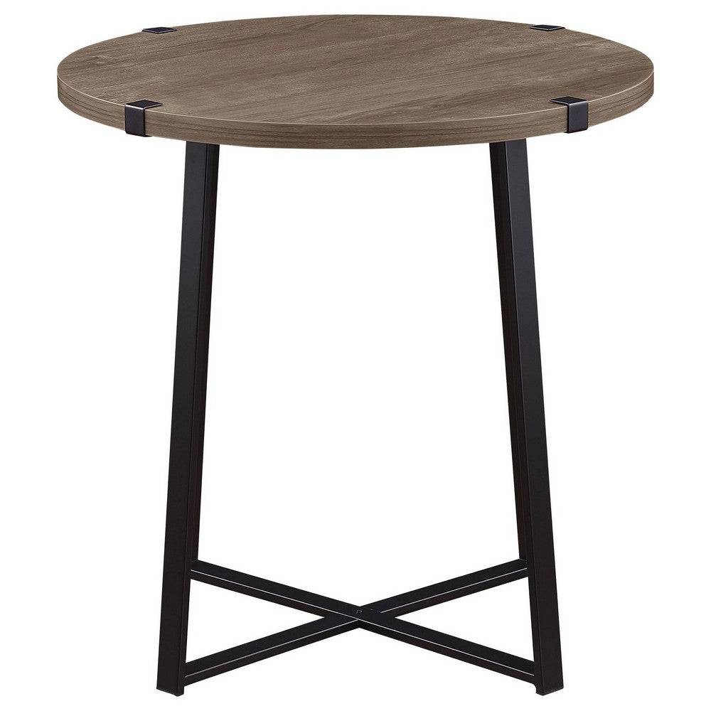 Mari Side End Table, 22 Inch Round, Industrial Metal Base, Gray -BM329082