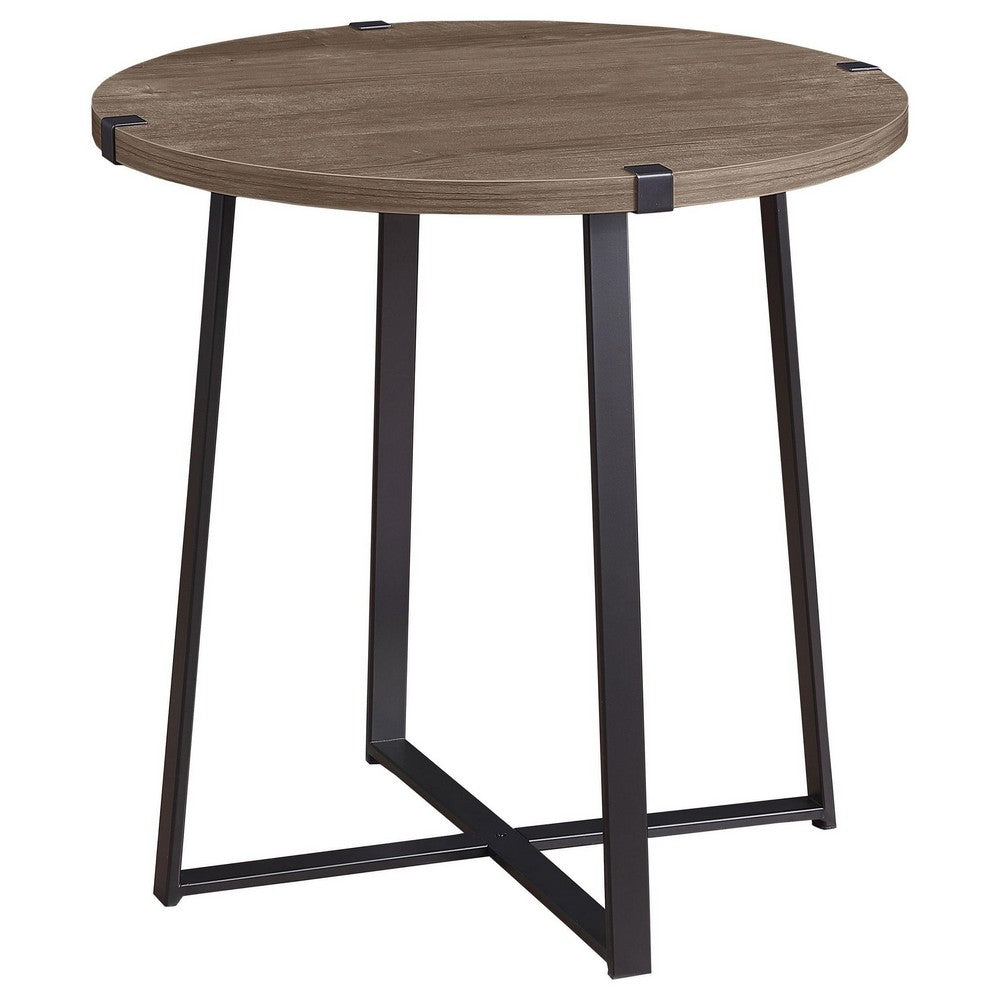 Mari Side End Table, 22 Inch Round, Industrial Metal Base, Gray -BM329082