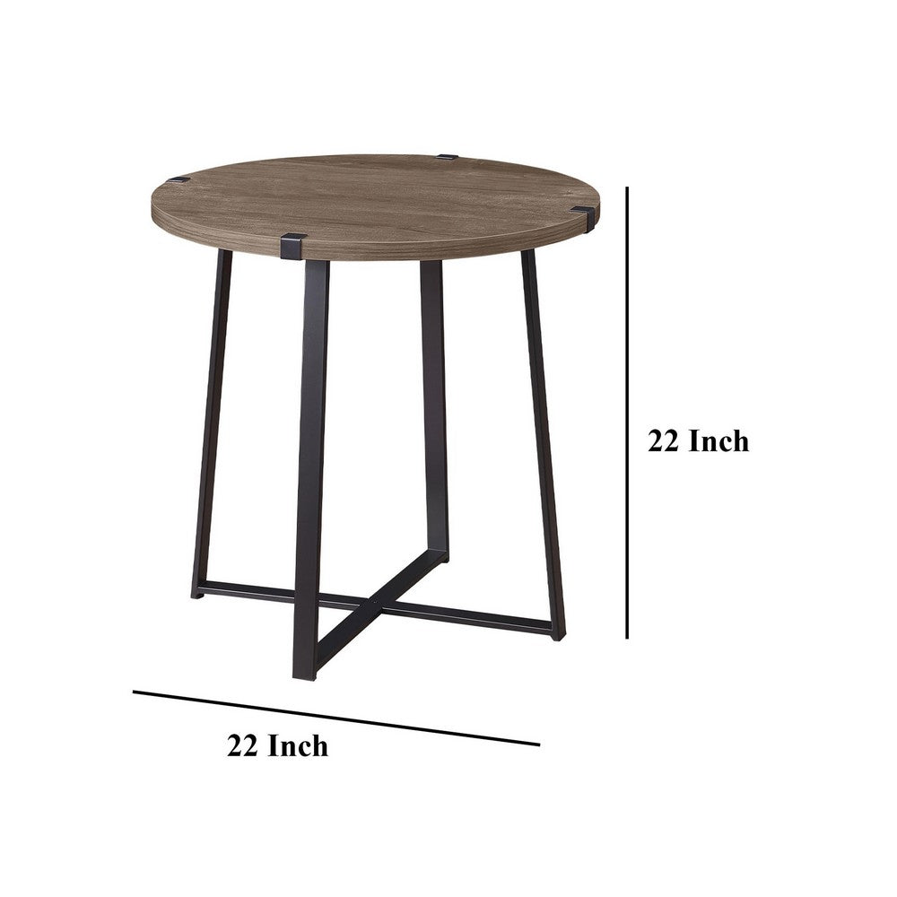 Mari Side End Table, 22 Inch Round, Industrial Metal Base, Gray -BM329082