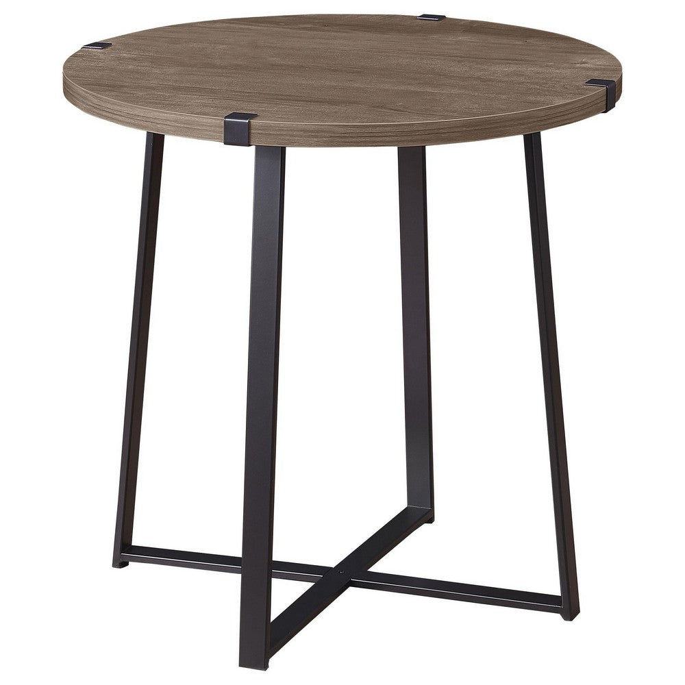 Mari Side End Table, 22 Inch Round, Industrial Metal Base, Gray -BM329082