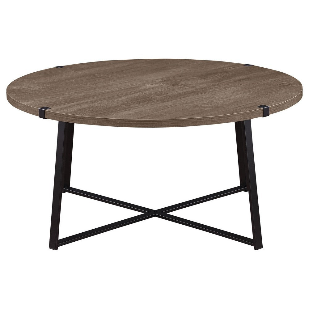 Mari Coffee Table, 36 Inch Round, Industrial Bracket Metal Base, Gray -BM329083