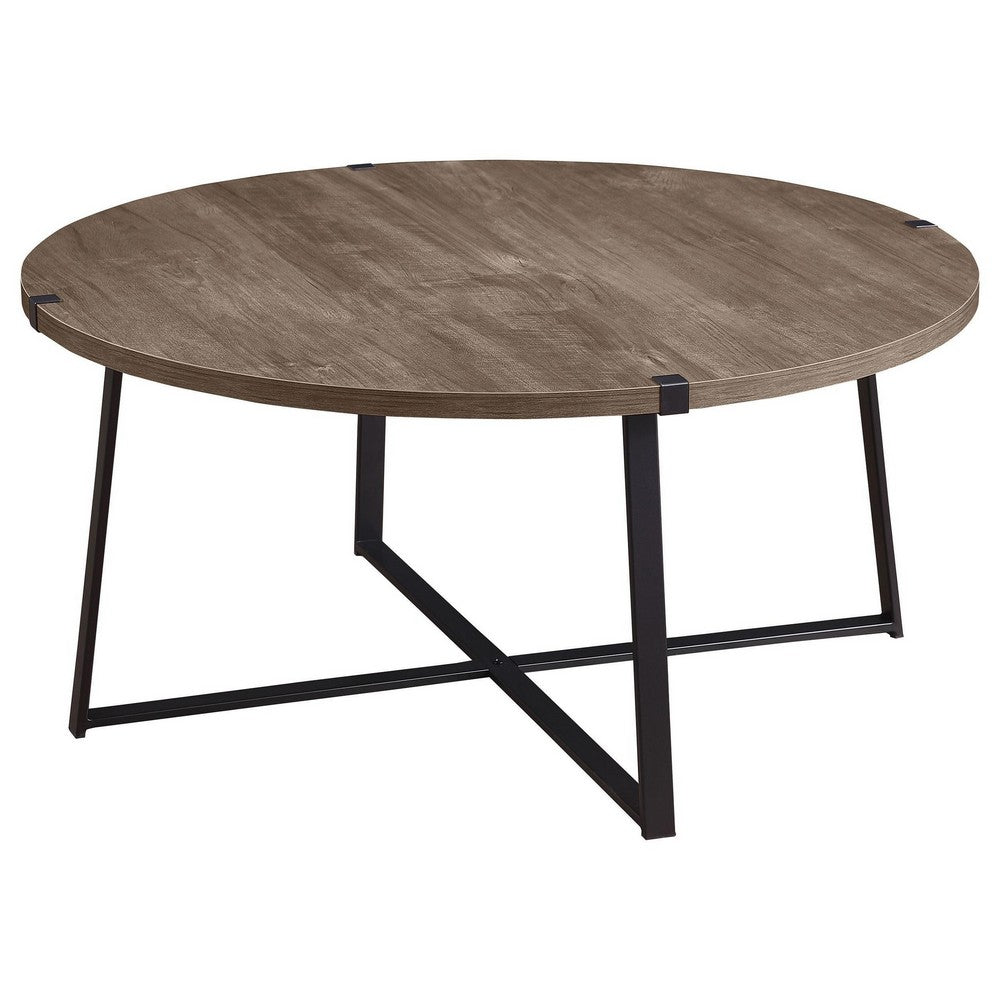 Mari Coffee Table, 36 Inch Round, Industrial Bracket Metal Base, Gray -BM329083