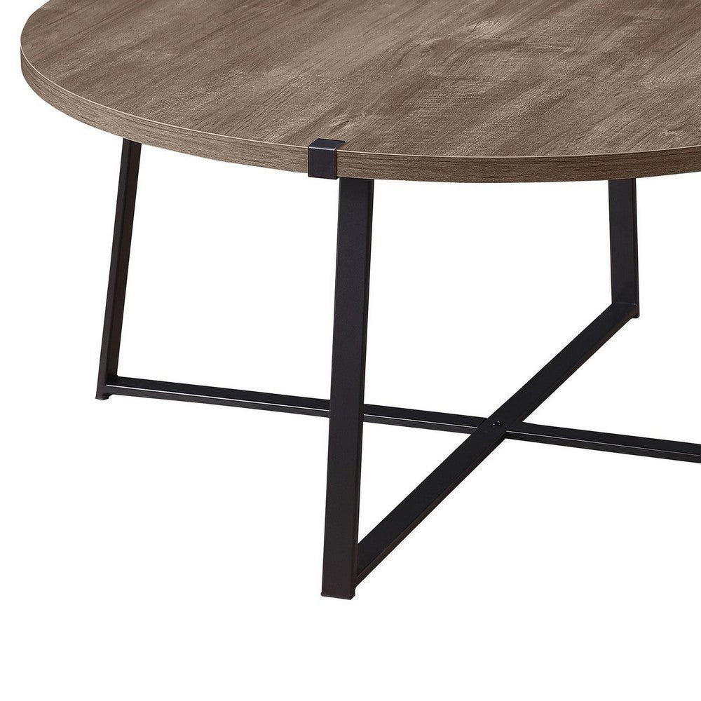Mari Coffee Table, 36 Inch Round, Industrial Bracket Metal Base, Gray -BM329083
