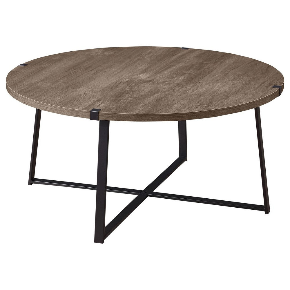 Mari Coffee Table, 36 Inch Round, Industrial Bracket Metal Base, Gray -BM329083