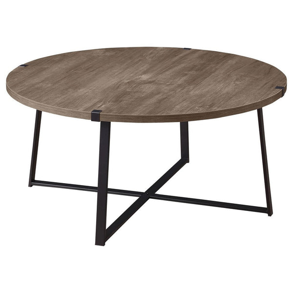 Mari Coffee Table, 36 Inch Round, Industrial Bracket Metal Base, Gray -BM329083