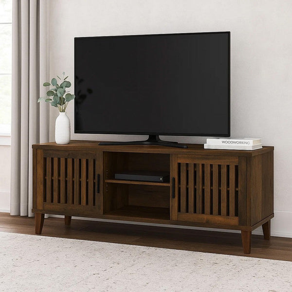 Sid TV Stand Media Cabinet, 2 Slatted Doors, Shelf, Brown Wood 60 Inch -BM329099