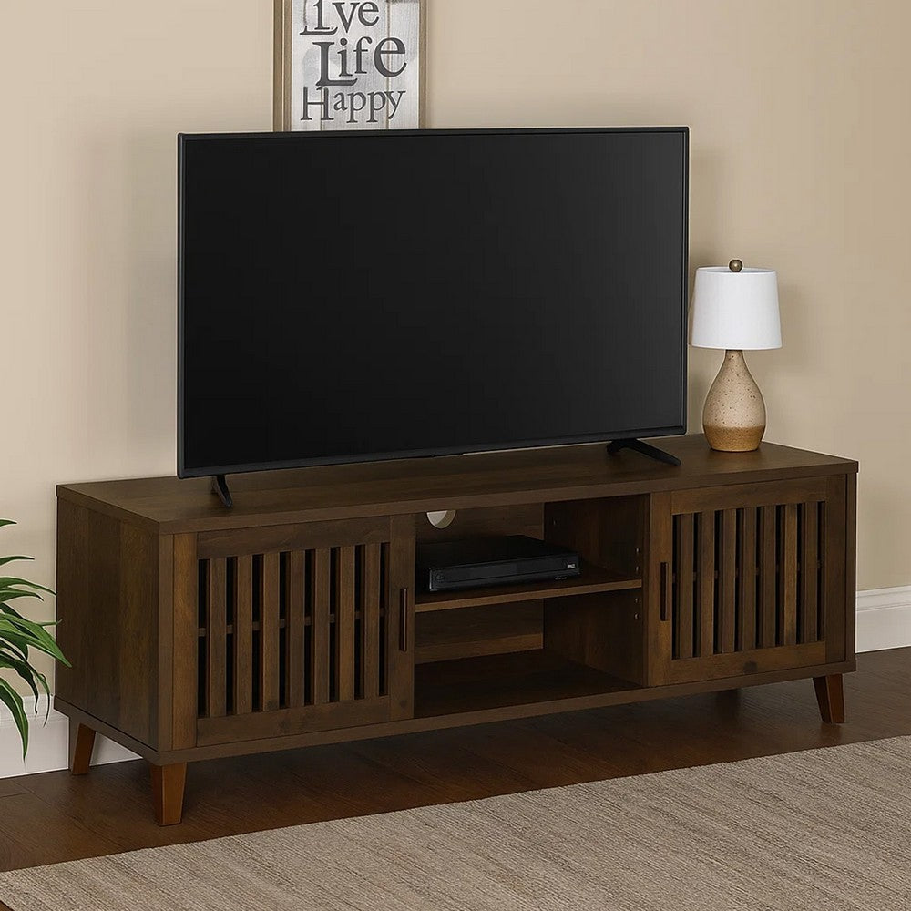 Sid TV Stand Media Cabinet, 2 Slatted Doors, Shelf, Brown Wood 60 Inch -BM329099