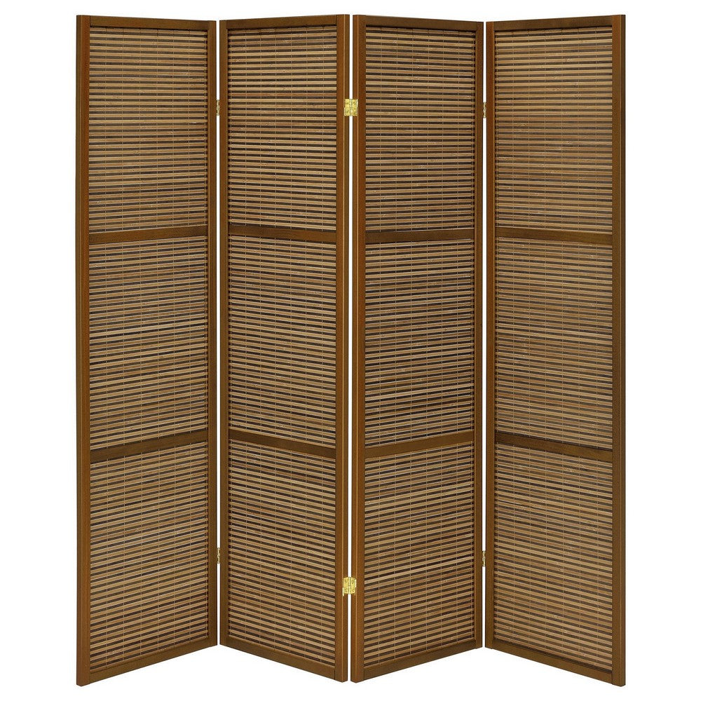 Rown 4 Panel Foldable Privacy Screen, Bamboo, Brown Pine Wood 70 Inch -BM329103