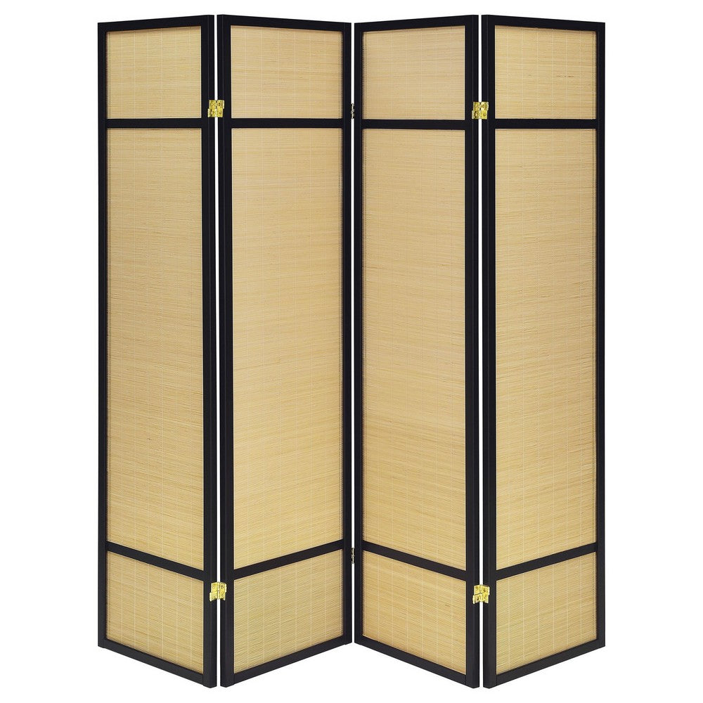 Arce 4 Panel Foldable Privacy Screen, Bamboo, Black Pine Wood Frame -BM329104