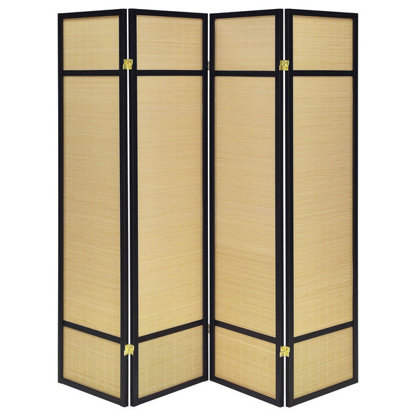 Arce 4 Panel Foldable Privacy Screen, Bamboo, Black Pine Wood Frame -BM329104
