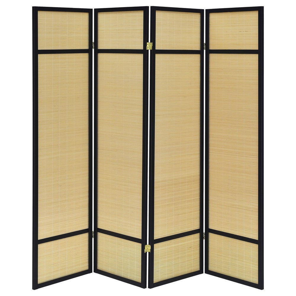 Arce 4 Panel Foldable Privacy Screen, Bamboo, Black Pine Wood Frame -BM329104