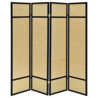 Arce 4 Panel Foldable Privacy Screen, Bamboo, Black Pine Wood Frame -BM329104