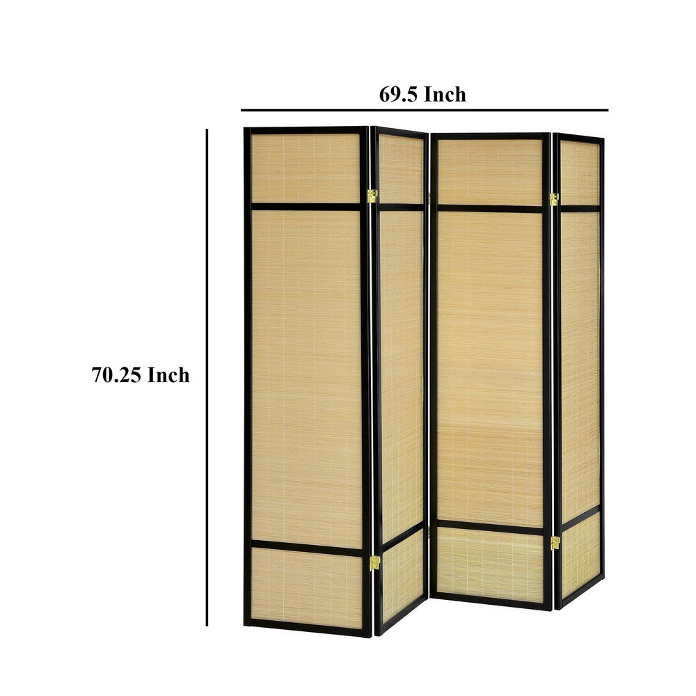 Arce 4 Panel Foldable Privacy Screen, Bamboo, Black Pine Wood Frame -BM329104