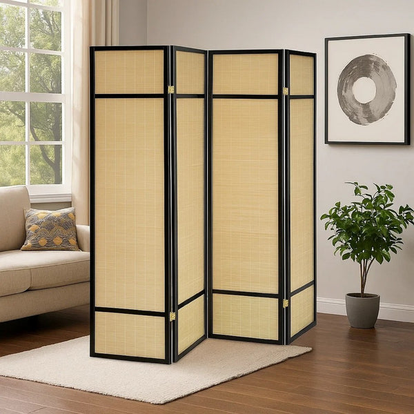 Arce 4 Panel Foldable Privacy Screen, Bamboo, Black Pine Wood Frame -BM329104