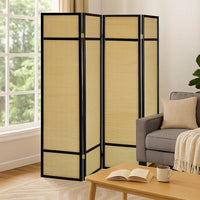 Arce 4 Panel Foldable Privacy Screen, Bamboo, Black Pine Wood Frame -BM329104