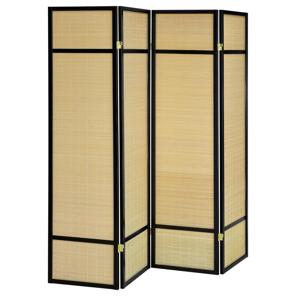 Arce 4 Panel Foldable Privacy Screen, Bamboo, Black Pine Wood Frame -BM329104