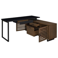Doxx L Shape Computer Desk, 2 Doors Drawers Black Metal, Walnut Wood -BM329105