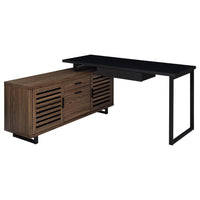 Doxx L Shape Computer Desk, 2 Doors Drawers Black Metal, Walnut Wood -BM329105