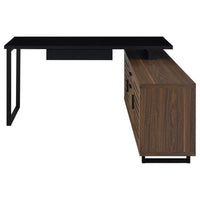 Doxx L Shape Computer Desk, 2 Doors Drawers Black Metal, Walnut Wood -BM329105