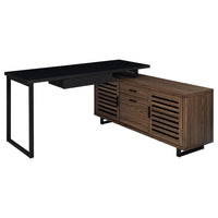 Doxx L Shape Computer Desk, 2 Doors Drawers Black Metal, Walnut Wood -BM329105