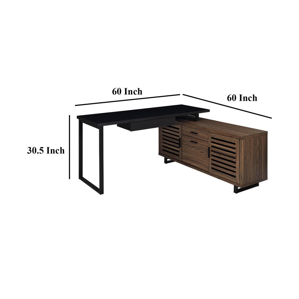 Doxx L Shape Computer Desk, 2 Doors Drawers Black Metal, Walnut Wood -BM329105