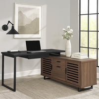 Doxx L Shape Computer Desk, 2 Doors Drawers Black Metal, Walnut Wood -BM329105