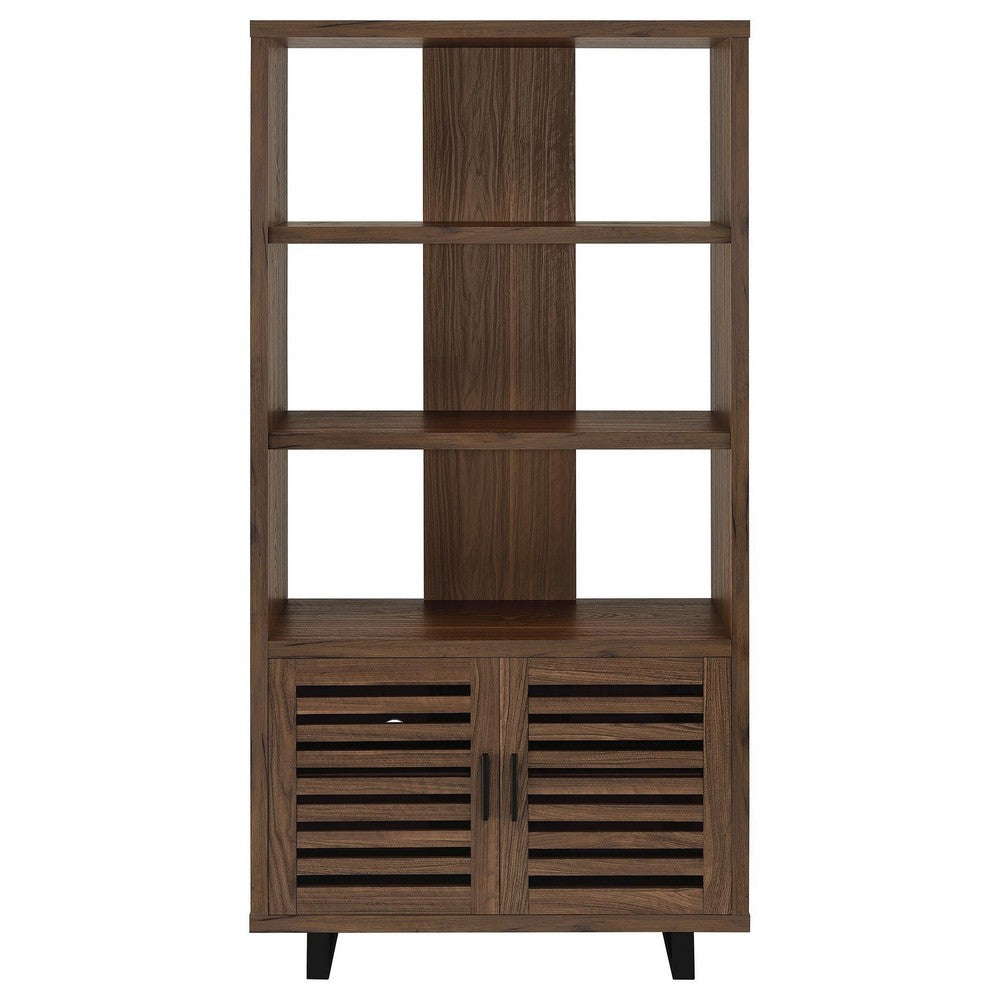 Doxx Bookcase, Slatted Cabinet, Black Open Frame Legs, Walnut Brown -BM329106