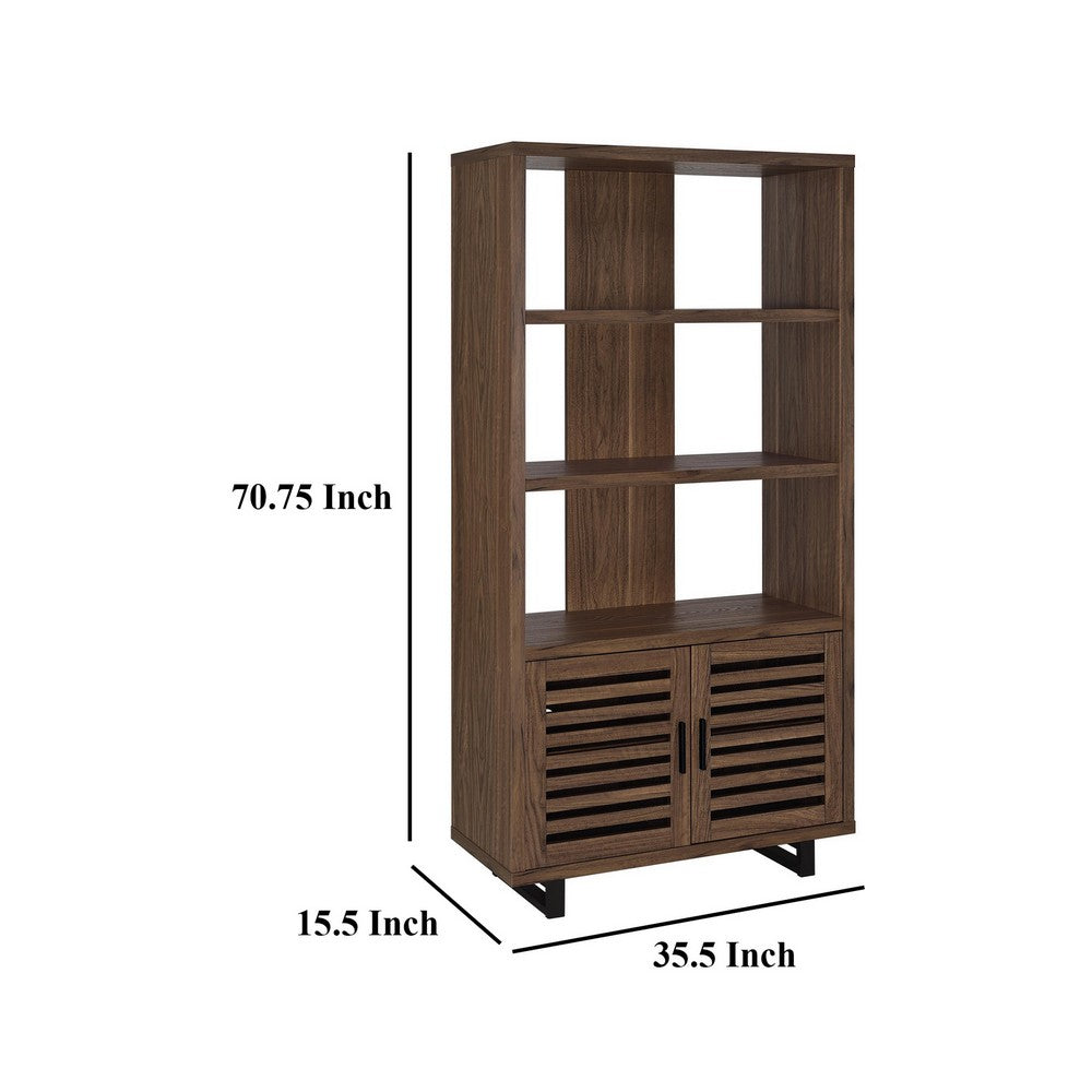 Doxx Bookcase, Slatted Cabinet, Black Open Frame Legs, Walnut Brown -BM329106