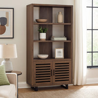 Doxx Bookcase, Slatted Cabinet, Black Open Frame Legs, Walnut Brown -BM329106