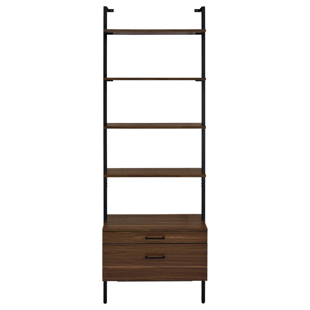Wens Wall Mounted Bookcase Unit, 4 Shelves, 2 Drawers, Black Brown -BM329108