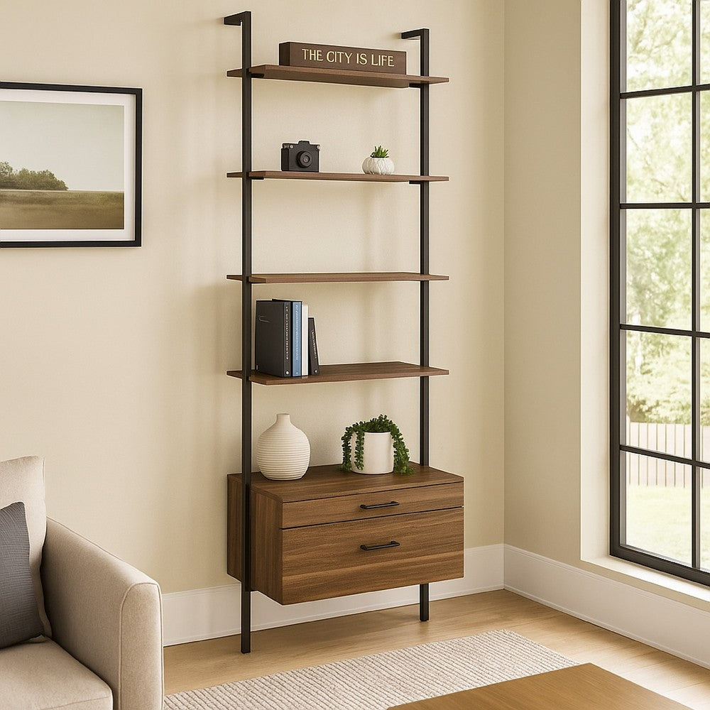 Wens Wall Mounted Bookcase Unit, 4 Shelves, 2 Drawers, Black Brown -BM329108