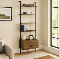 Wens Wall Mounted Bookcase Unit, 4 Shelves, 2 Drawers, Black Brown -BM329108