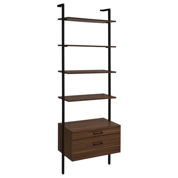 Wens Wall Mounted Bookcase Unit, 4 Shelves, 2 Drawers, Black Brown -BM329108