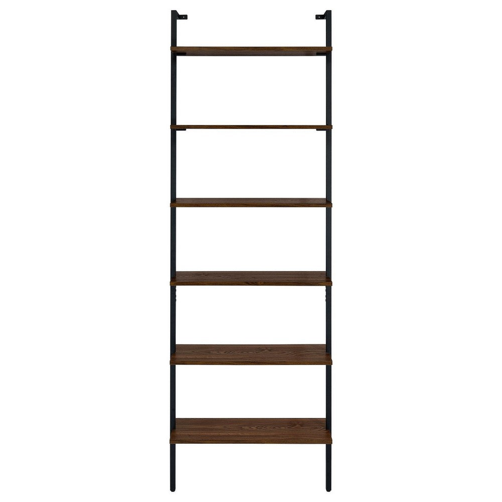 Wens Wall Mounted Bookcase Unit, 6 Open Shelves, Black Metal, Brown -BM329109