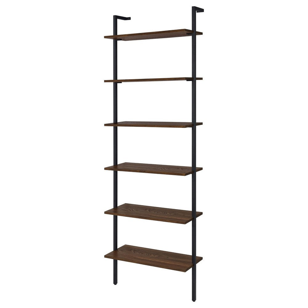 Wens Wall Mounted Bookcase Unit, 6 Open Shelves, Black Metal, Brown -BM329109
