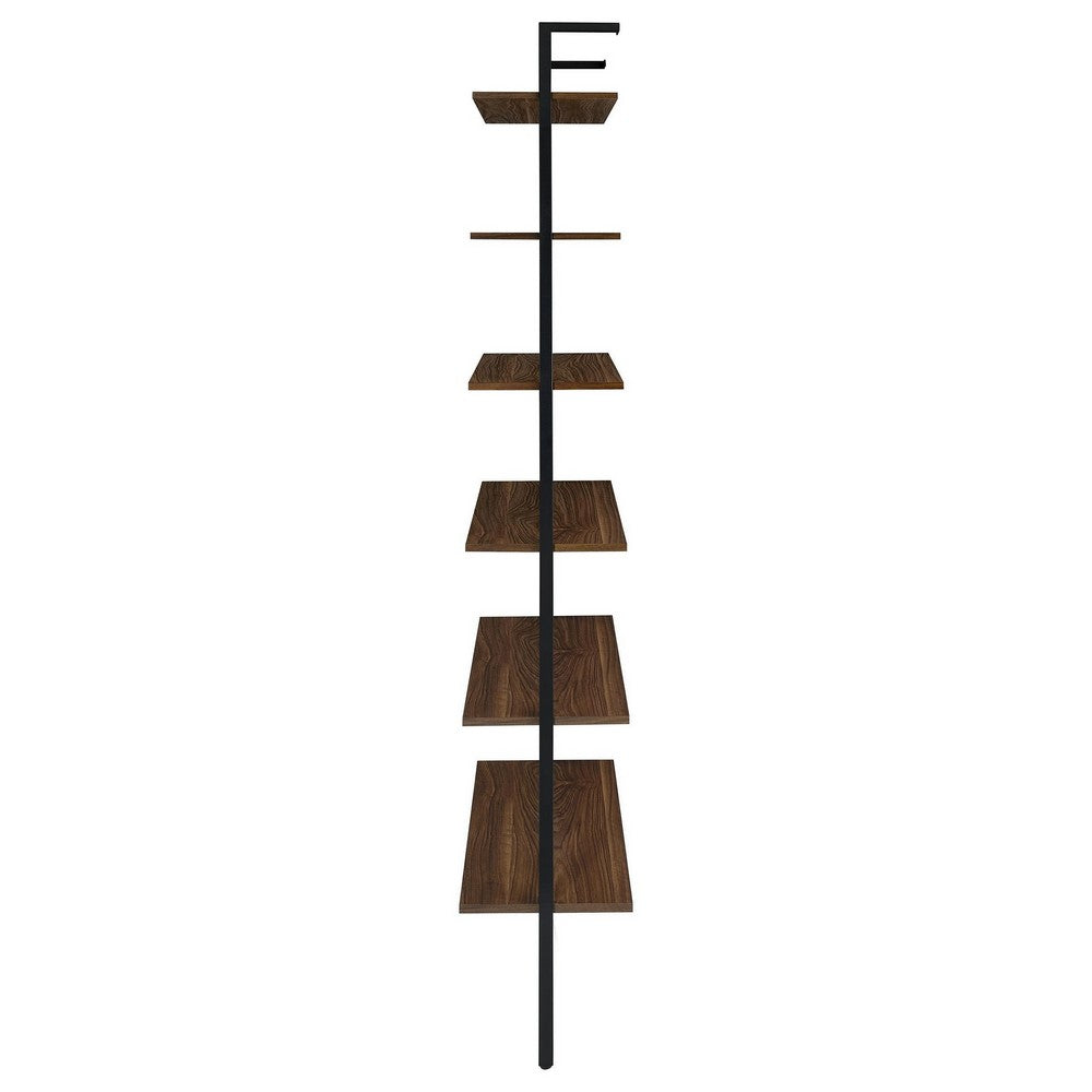 Wens Wall Mounted Bookcase Unit, 6 Open Shelves, Black Metal, Brown -BM329109