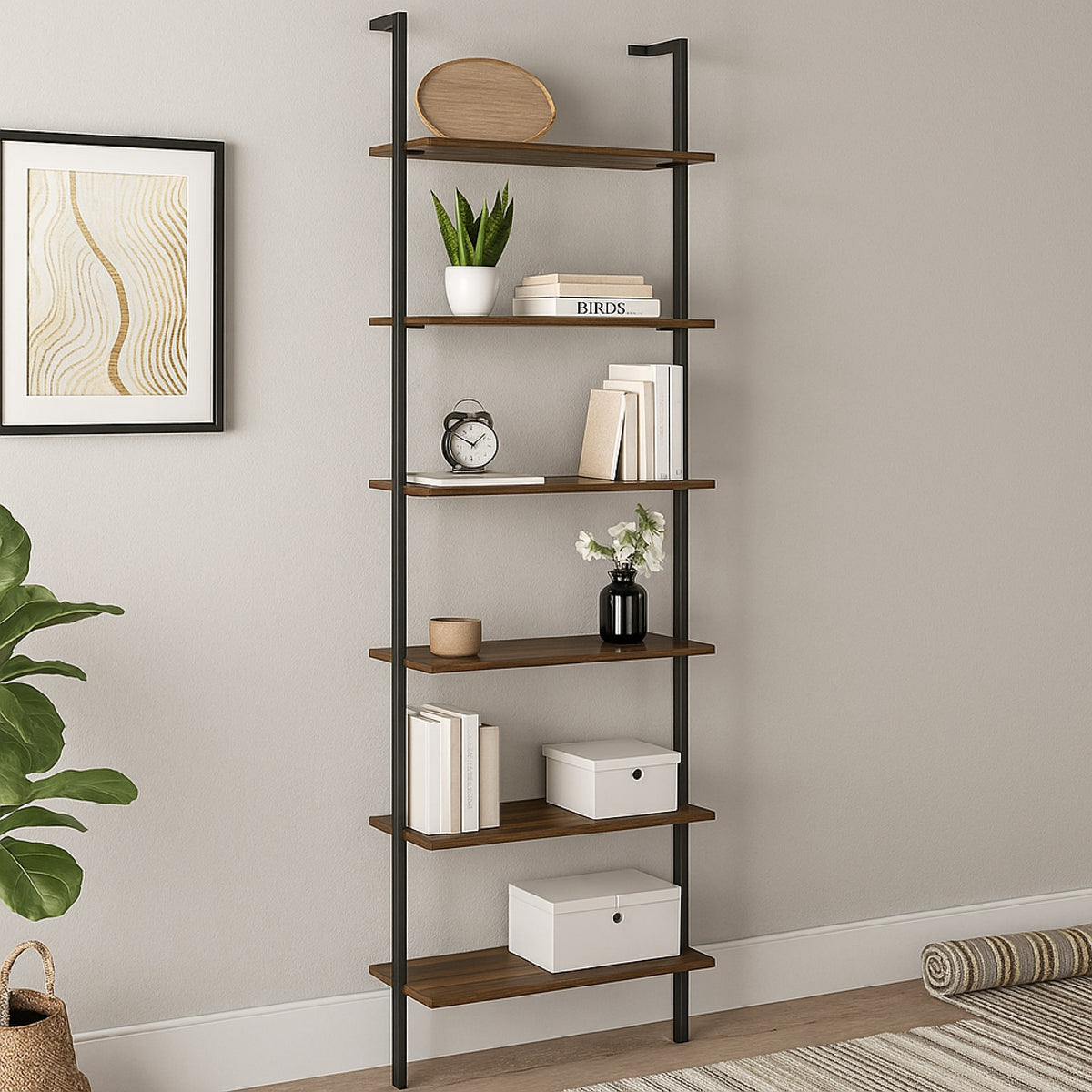 Wens Wall Mounted Bookcase Unit, 6 Open Shelves, Black Metal, Brown -BM329109