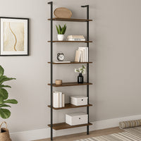 Wens Wall Mounted Bookcase Unit, 6 Open Shelves, Black Metal, Brown -BM329109