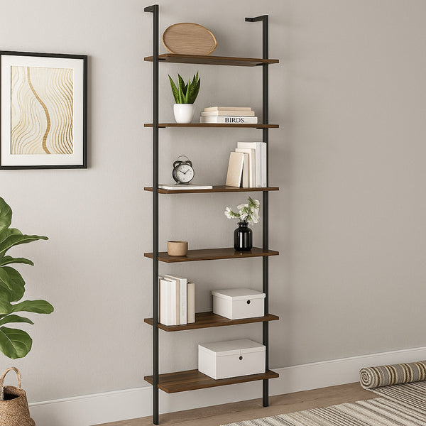 Wens Wall Mounted Bookcase Unit, 6 Open Shelves, Black Metal, Brown -BM329109