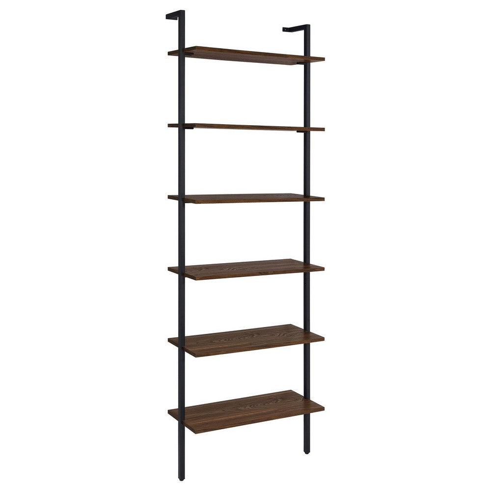 Wens Wall Mounted Bookcase Unit, 6 Open Shelves, Black Metal, Brown -BM329109